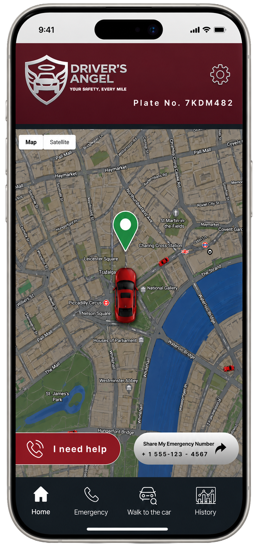 Driver's Angel app home screen on iPhone showing live vehicle location