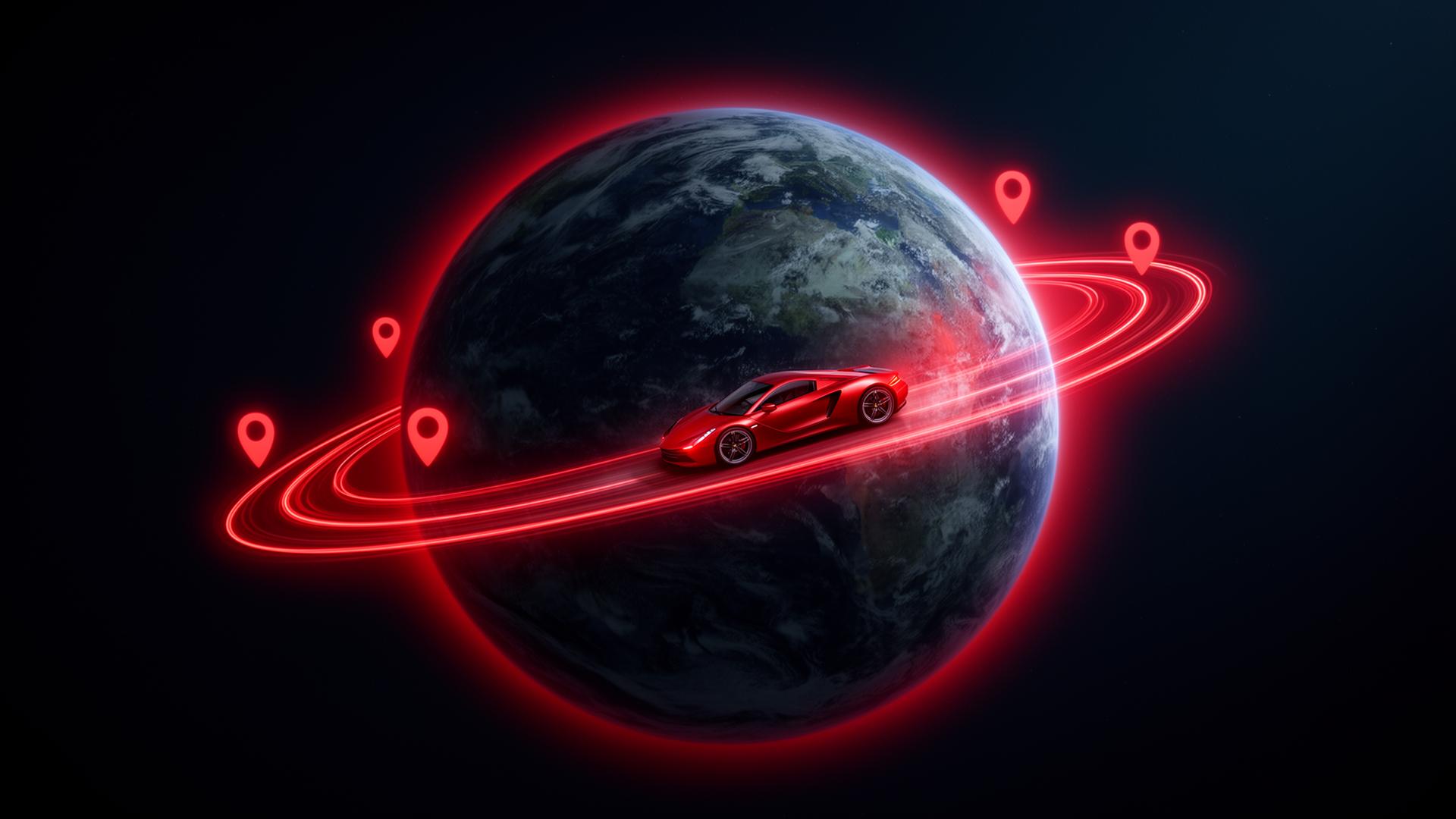 3D render of a car driving along a glowing road wrapping around planet Earth